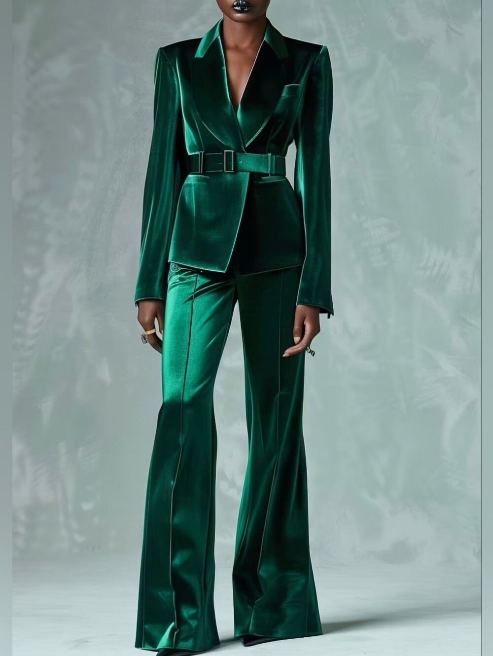 Women'S Velvet Blazer Suit Set - Emerald Green Lapel Jacket with Belt And Flared